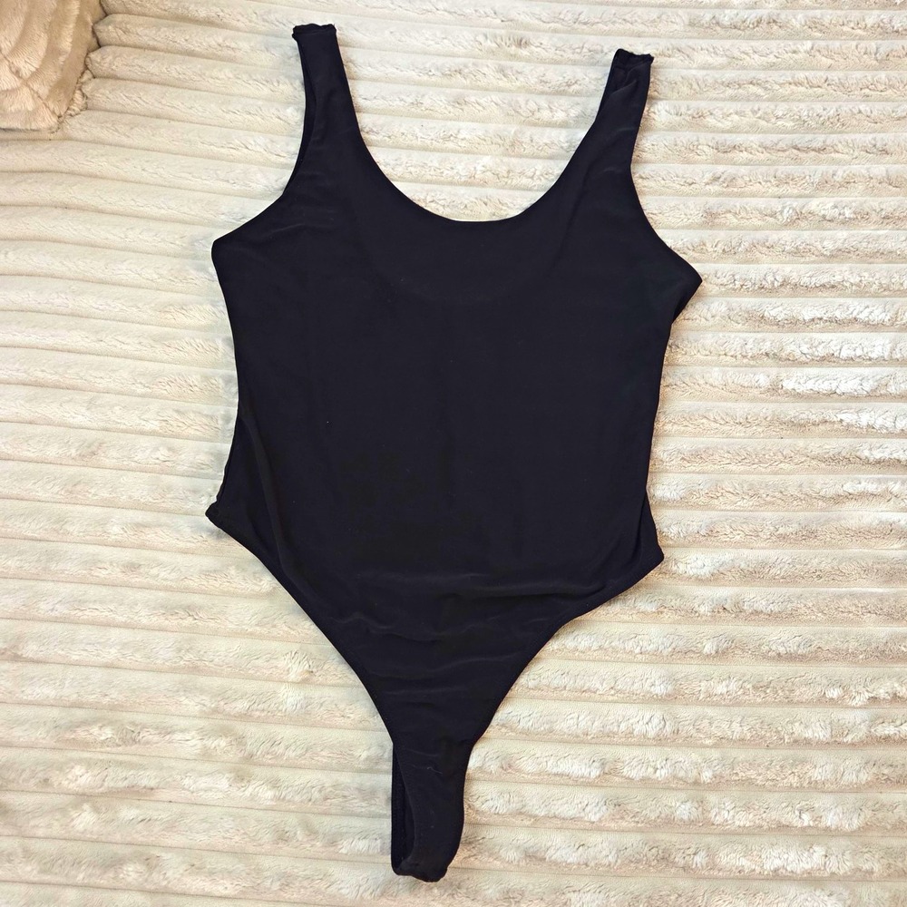 Black Scoop Neck Tank Thong Bodysuit Leotard Women's Size S Casual Basic
